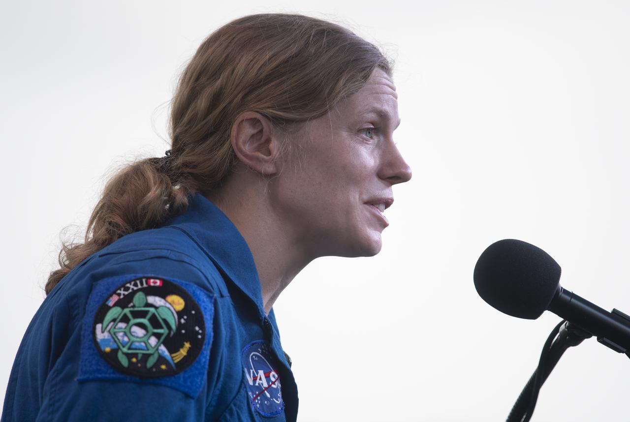 NASA astronaut Zena Cardman answers questions from the media during a press conference ahead of the launch of NASA’s Mars 2020 Perseverance rover, Wednesday, July 29, 2020, at NASA’s Kennedy Space Center in Florida. The Perseverance rover is part of NASA’s Mars Exploration Program, a long-term effort of robotic exploration of the Red Planet. Launch is scheduled for Thursday, July 30.  Photo Credit: (NASA/Joel Kowsky)