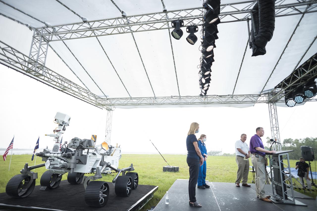 A full-size model of NASA’s Mars 2020 Perseverance rover is seen during a press conference with Kennedy Space Center Deputy Director Janet Petro, left, NASA astronaut Zena Cardman, second from left, NASA Deputy Administrator Jim Morhard, second from right, and NASA Administrator Jim Bridenstine, right, ahead of the launch of NASA’s Mars 2020 Perseverance rover, Wednesday, July 29, 2020, at NASA’s Kennedy Space Center in Florida. The Perseverance rover is part of NASA’s Mars Exploration Program, a long-term effort of robotic exploration of the Red Planet. Launch is scheduled for Thursday, July 30. Photo Credit: (NASA/Joel Kowsky)