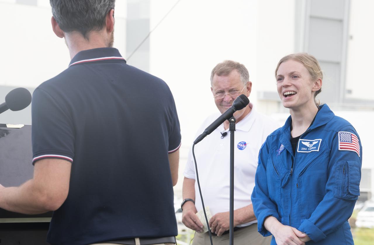 NASA astronaut Zena Cardman answers social media questions ahead of the launch of NASA’s Mars 2020 Perseverance rover, Wednesday, July 29, 2020, at NASA’s Kennedy Space Center in Florida. The Perseverance rover is part of NASA’s Mars Exploration Program, a long-term effort of robotic exploration of the Red Planet. Launch is scheduled for Thursday, July 30.  Photo Credit: (NASA/Joel Kowsky)