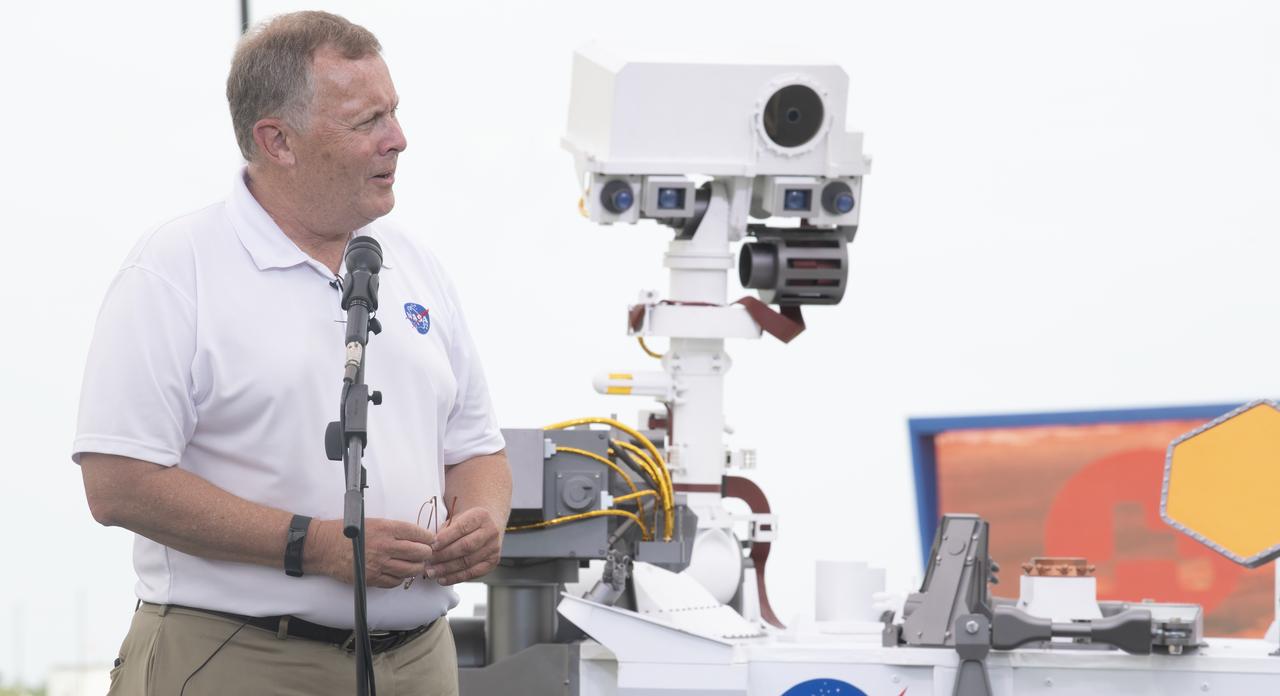 NASA Deputy Administrator Jim Morhard answers social media questions ahead of the launch of NASA’s Mars 2020 Perseverance rover, Wednesday, July 29, 2020, at NASA’s Kennedy Space Center in Florida. The Perseverance rover is part of NASA’s Mars Exploration Program, a long-term effort of robotic exploration of the Red Planet. Launch is scheduled for Thursday, July 30.  Photo Credit: (NASA/Joel Kowsky)