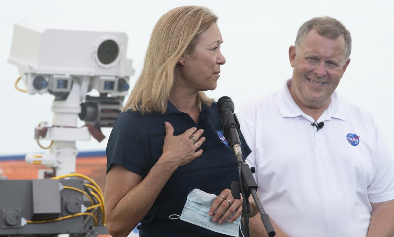 Kennedy Space Center Deputy Director Janet Petro, left, is seen with NASA Deputy Administrator Jim Morhard as they answer social media questions ahead of the launch of NASA’s Mars 2020 Perseverance rover, Wednesday, July 29, 2020, at NASA’s Kennedy Space Center in Florida. The Perseverance rover is part of NASA’s Mars Exploration Program, a long-term effort of robotic exploration of the Red Planet. Launch is scheduled for Thursday, July 30.  Photo Credit: (NASA/Joel Kowsky)