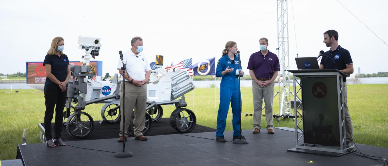 Kennedy Space Center Deputy Director Janet Petro, left, NASA Deputy Administrator Jim Morhard, second from left, NASA astronaut Zena Cardman, center, NASA Administrator Jim Bridenstine, second from right, and NASA Public Affairs Officer Joshua Santora, right, answer social media questions ahead of the launch of NASA’s Mars 2020 Perseverance rover, Wednesday, July 29, 2020, at NASA’s Kennedy Space Center in Florida. The Perseverance rover is part of NASA’s Mars Exploration Program, a long-term effort of robotic exploration of the Red Planet. Launch is scheduled for Thursday, July 30. Photo Credit: (NASA/Joel Kowsky)