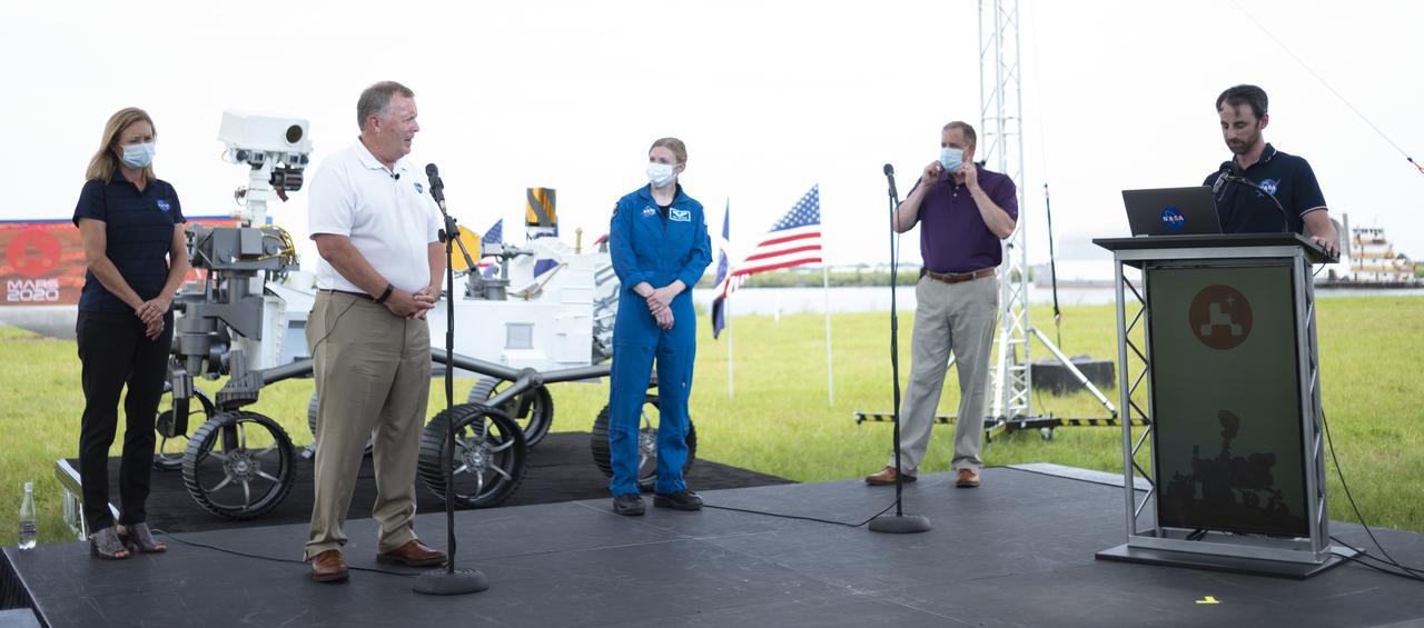 Kennedy Space Center Deputy Director Janet Petro, left, NASA Deputy Administrator Jim Morhard, second from left, NASA astronaut Zena Cardman, center, NASA Administrator Jim Bridenstine, second from right, and NASA Public Affairs Officer Joshua Santora, right, answer social media questions ahead of the launch of NASA’s Mars 2020 Perseverance rover, Wednesday, July 29, 2020, at NASA’s Kennedy Space Center in Florida. The Perseverance rover is part of NASA’s Mars Exploration Program, a long-term effort of robotic exploration of the Red Planet. Launch is scheduled for Thursday, July 30. Photo Credit: (NASA/Joel Kowsky)