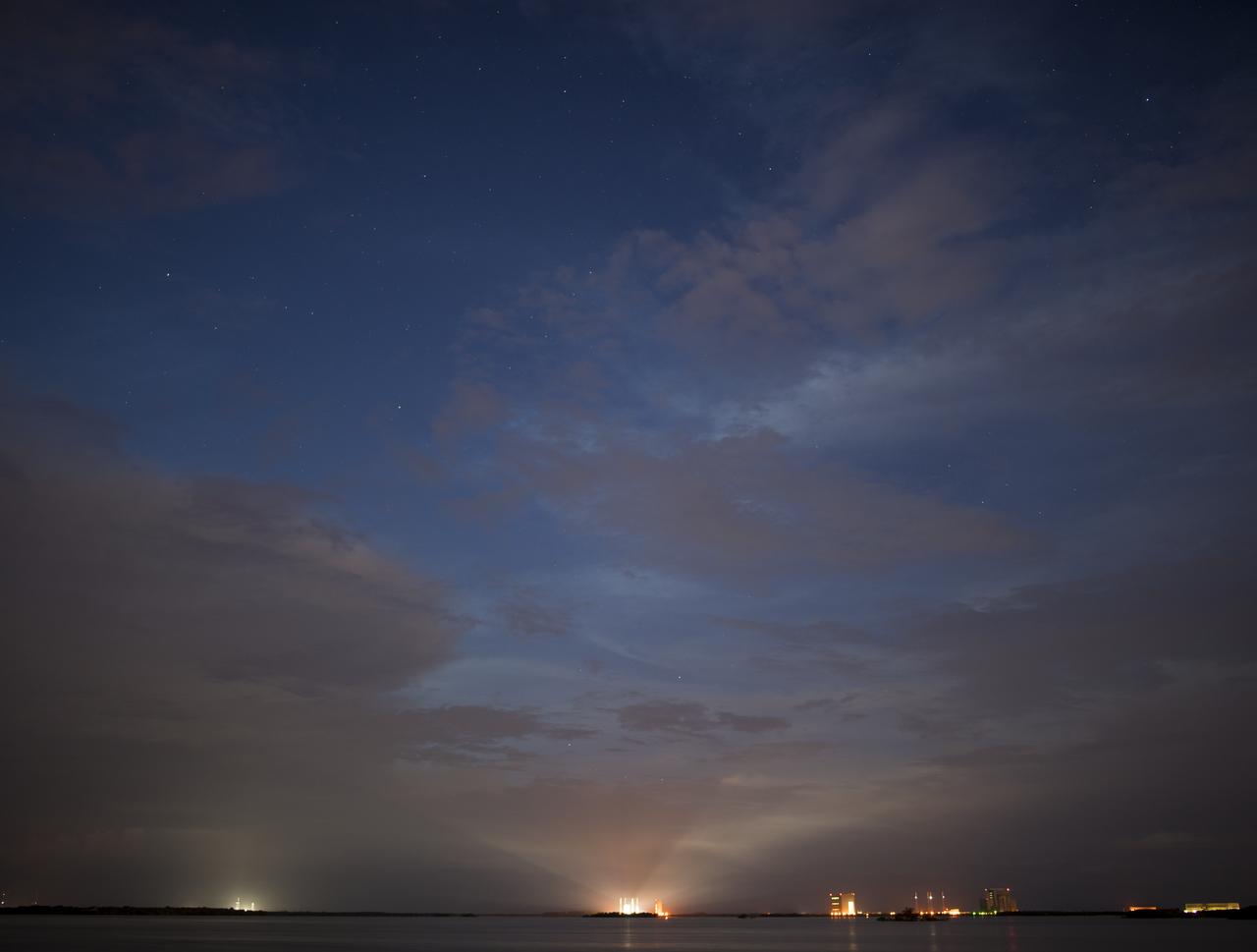 Space Launch Complex 41 is seen illuminated by spotlights, Wednesday, July 29, 2020, ahead of the launch of a United Launch Alliance Atlas V rocket with NASA’s Mars 2020 Perseverance rover onboard from Cape Canaveral Air Force Station in Florida. The Perseverance rover is part of NASA’s Mars Exploration Program, a long-term effort of robotic exploration of the Red Planet. Launch is scheduled for Thursday, July 30.  Photo Credit: (NASA/Joel Kowsky)