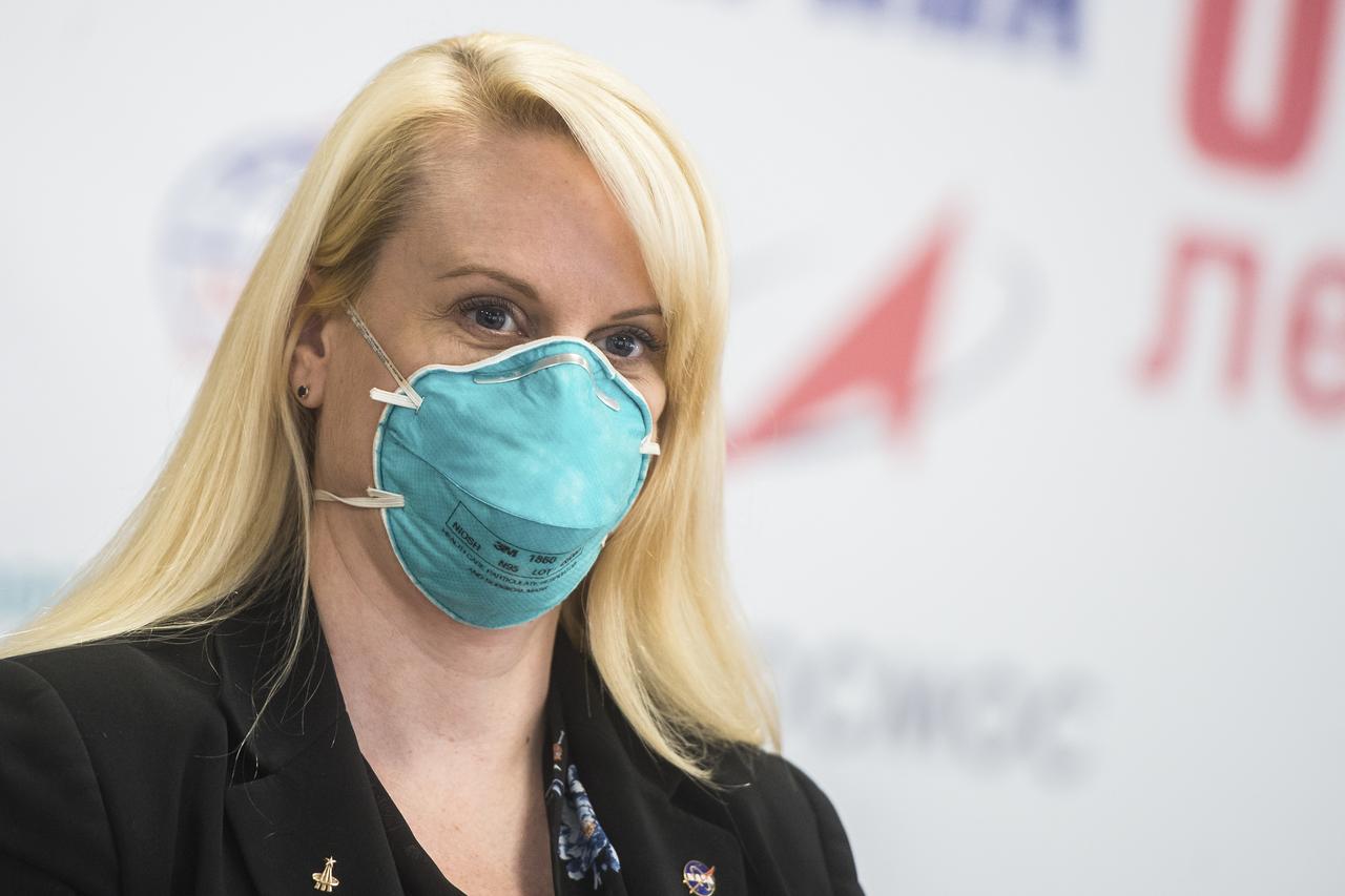 Expedition 64 prime crew member NASA astronaut Kate Rubins is seen during a press conference prior to her launch from the Baikonur Cosmodrome, Thursday, Sept. 24, 2020 at the Gagarin Cosmonaut Training Center (GCTC) in Star City, Russia. Photo Credit: (NASA/GCTC/Andrey Shelepin)