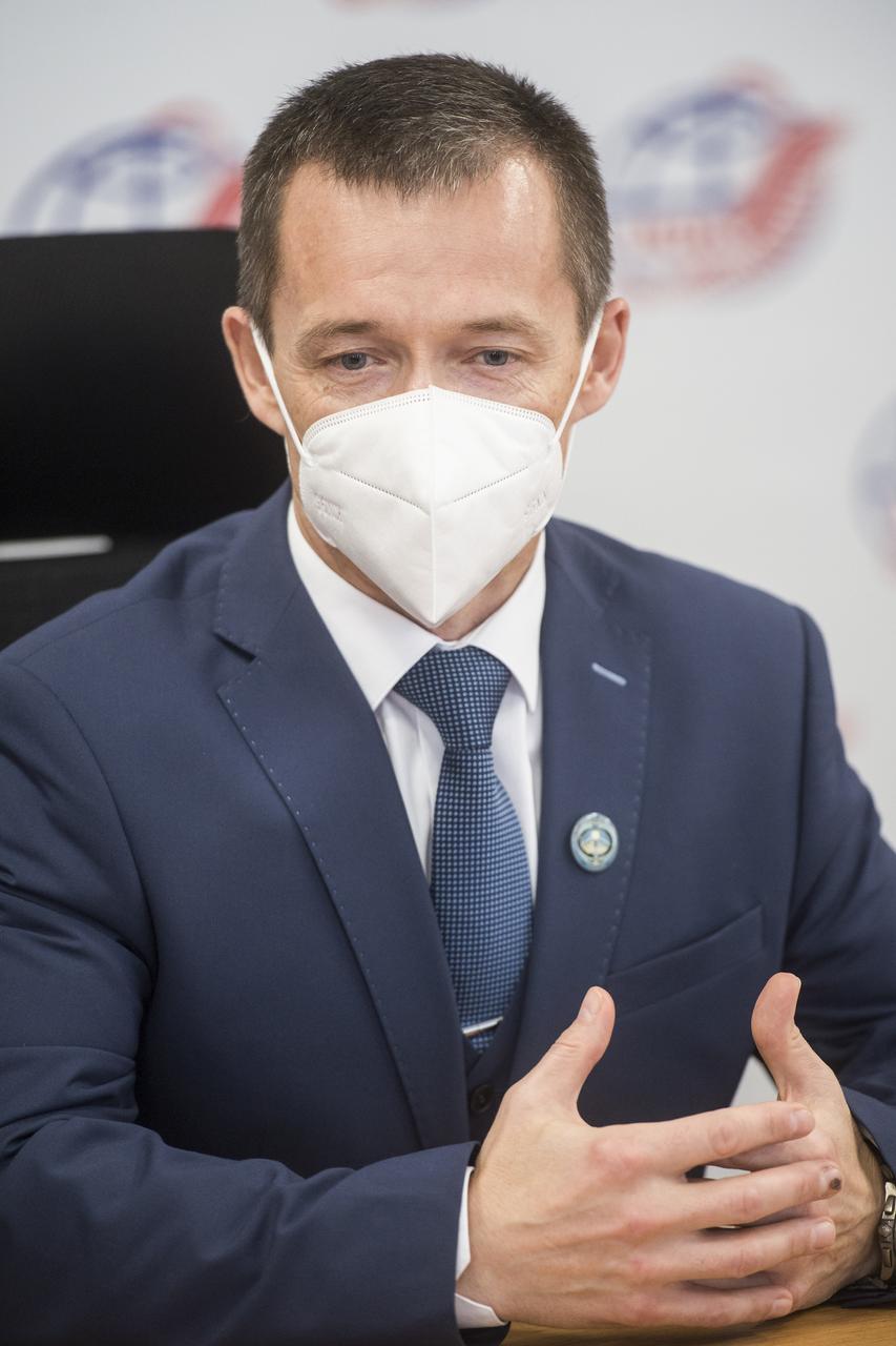 Expedition 64 prime crew member Sergey Ryzhikov of Roscosmos, speaks during a press conference prior to his launch from the Baikonur Cosmodrome in Kazakhstan, Thursday, Sept. 24, 2020 at the Gagarin Cosmonaut Training Center (GCTC) in Star City, Russia. Photo Credit: (NASA/GCTC/Andrey Shelepin)