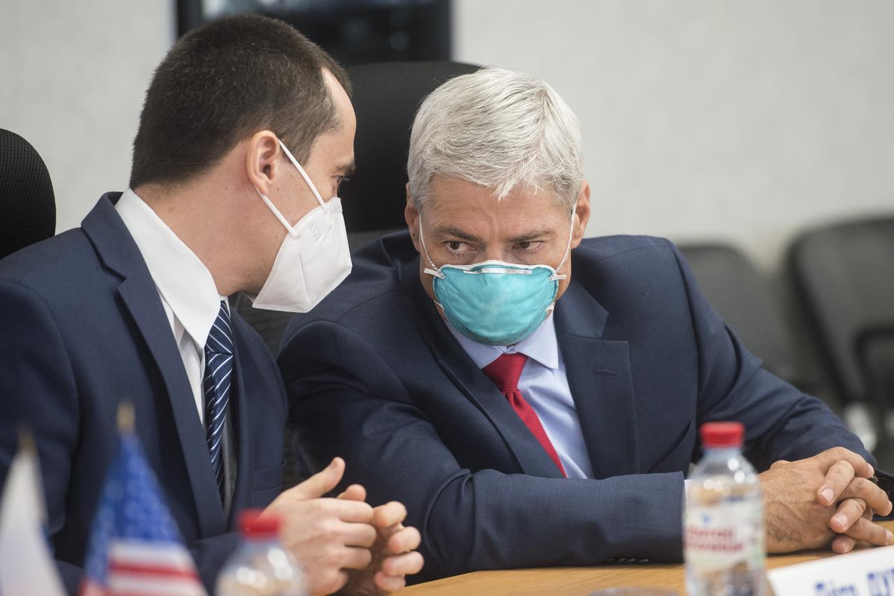 Expedition 64 backup crew member Petr Dubrov of Roscosmos speaks to Mark Vande Hei of NASA during a press conference, Thursday, Sept. 24, 2020 at the Gagarin Cosmonaut Training Center (GCTC) in Star City, Russia. Photo Credit: (NASA/GCTC/Andrey Shelepin)