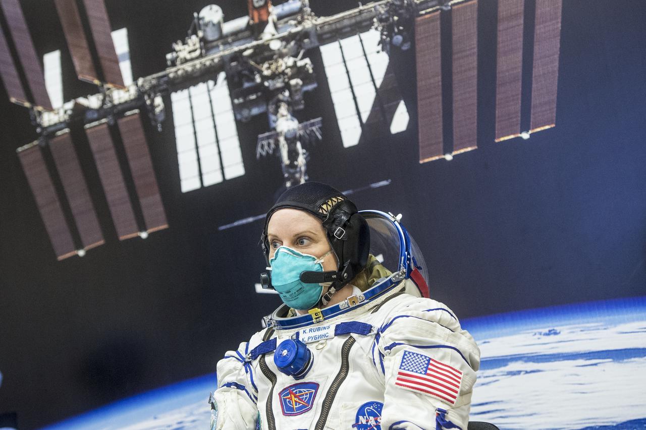 Expedition 64 NASA astronaut Kate Rubins is seen while waiting to have her Sokol suit pressure checked during the Soyuz MS-17 spacecraft fit check, Monday, Sept. 28, 2020, at the Baikonur Cosmodrome in Kazakhstan. Rubins, and Russian cosmonauts Sergey Ryzhikov and Sergey Kud-Sverchkov of Roscosmos are preparing for launch to the International Space Station in their Soyuz MS-17 spacecraft from the Baikonur Cosmodrome in Kazakhstan on October 14, Baikonur time. Photo Credit: (NASA/GCTC/Andrey Shelepin)