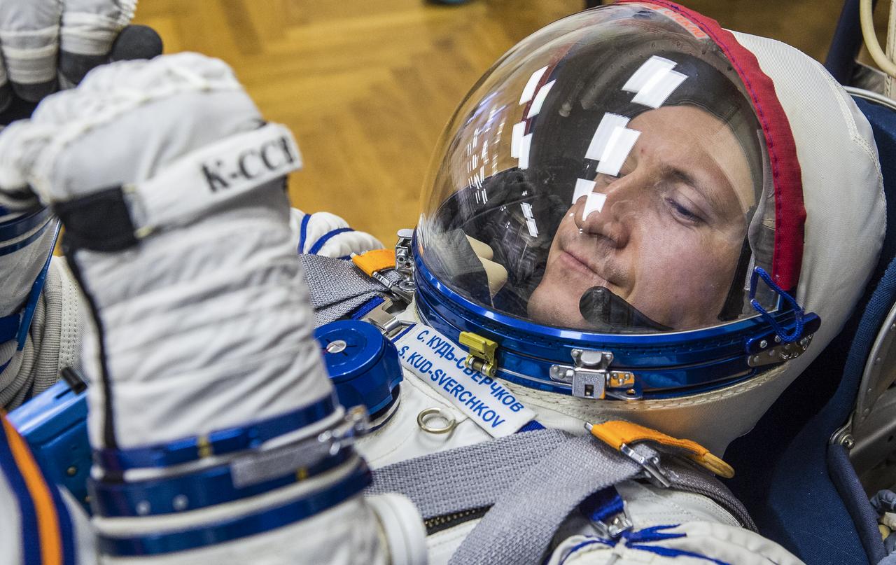 Expedition 64 Russian cosmonaut Sergey Kud-Sverchkov of Roscosmos is seen while having his Sokol suit pressure checked during the Soyuz MS-17 spacecraft fit check, Monday, Sept. 28, 2020, at the Baikonur Cosmodrome in Kazakhstan. Kud-Sverchkov, NASA astronaut Kate Rubins, and Russian cosmonaut Sergey Ryzhikov of Roscosmos are preparing for launch to the International Space Station in their Soyuz MS-17 spacecraft from the Baikonur Cosmodrome in Kazakhstan on October 14, Baikonur time. Photo Credit: (NASA/GCTC/Andrey Shelepin)