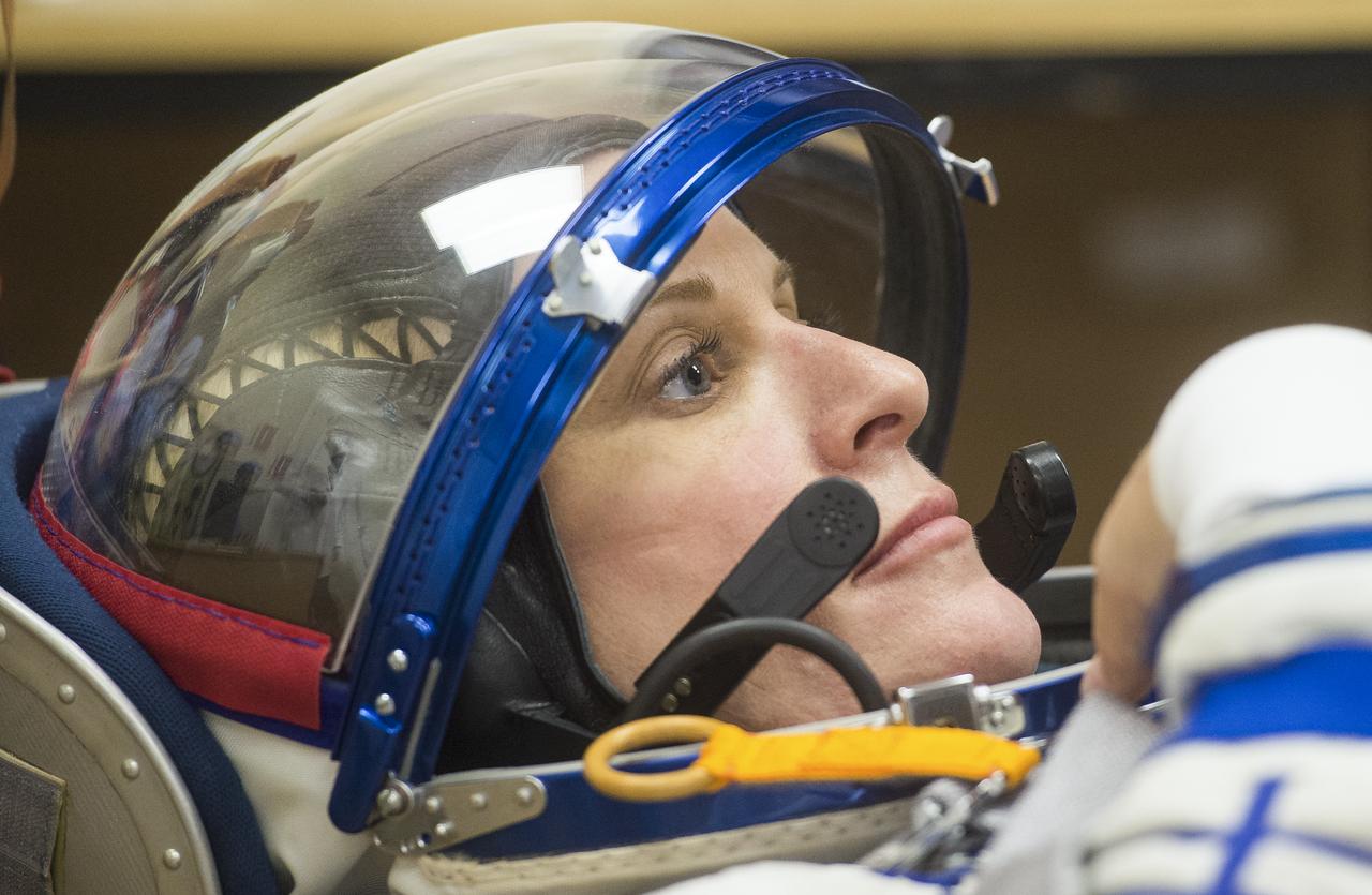 Expedition 64 NASA astronaut Kate Rubins is seen while having her Sokol suit pressure checked during the Soyuz MS-17 spacecraft fit check, Monday, Sept. 28, 2020, at the Baikonur Cosmodrome in Kazakhstan. Rubins, and Russian cosmonauts Sergey Ryzhikov and Sergey Kud-Sverchkov of Roscosmos are preparing for launch to the International Space Station in their Soyuz MS-17 spacecraft from the Baikonur Cosmodrome in Kazakhstan on October 14, Baikonur time. Photo Credit: (NASA/GCTC/Andrey Shelepin)
