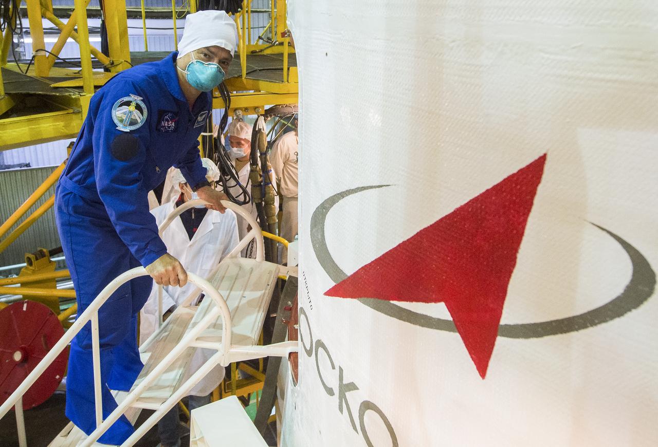 Expedition 64 backup crew member Mark Vande Hei of NASA is seen as he climbs inside the Soyuz MS-17 spacecraft during the final fit check, Wednesday, Oct. 7, 2020, at the Baikonur Cosmodrome in Kazakhstan. Expedition 64 Soyuz commander Sergey Ryzhikov of Roscosmos, flight engineer Sergey Kud-Sverchkov of Roscosmos, and flight engineer Kate Rubins of NASA, are scheduled to launch to the International Space Station aboard the Soyuz MS-17 spacecraft on October 14. Photo Credit: (NASA/GCTC/Andrey Shelepin)