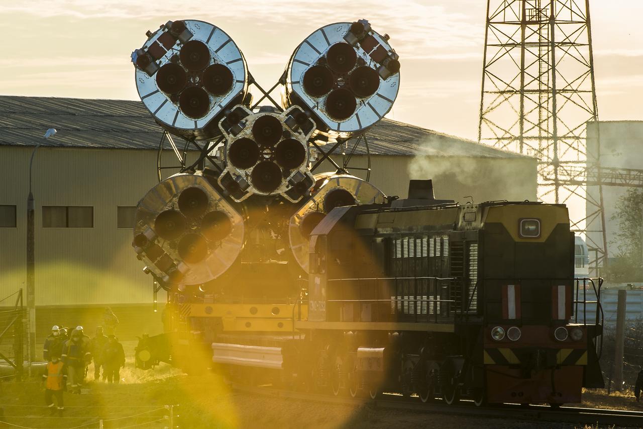 The Soyuz rocket is rolled out by train to the launch pad at Site 31, Sunday, Oct. 11, 2020, at the Baikonur Cosmodrome in Kazakhstan. Expedition 64 Russian cosmonauts Sergey Ryzhikov and Sergey Kud-Sverchkov of Roscosmos, and NASA astronaut Kate Rubins are scheduled to launch aboard their Soyuz MS-17 spacecraft on Oct. 14 to start a six-month mission onboard the International Space Station.  Photo Credit: (NASA/GCTC/Andrey Shelepin)