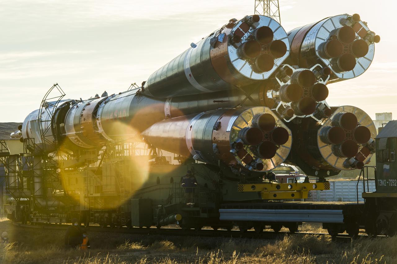 The Soyuz rocket is rolled out by train to the launch pad at Site 31, Sunday, Oct. 11, 2020, at the Baikonur Cosmodrome in Kazakhstan. Expedition 64 Russian cosmonauts Sergey Ryzhikov and Sergey Kud-Sverchkov of Roscosmos, and NASA astronaut Kate Rubins are scheduled to launch aboard their Soyuz MS-17 spacecraft on Oct. 14 to start a six-month mission onboard the International Space Station.  Photo Credit: (NASA/GCTC/Andrey Shelepin)