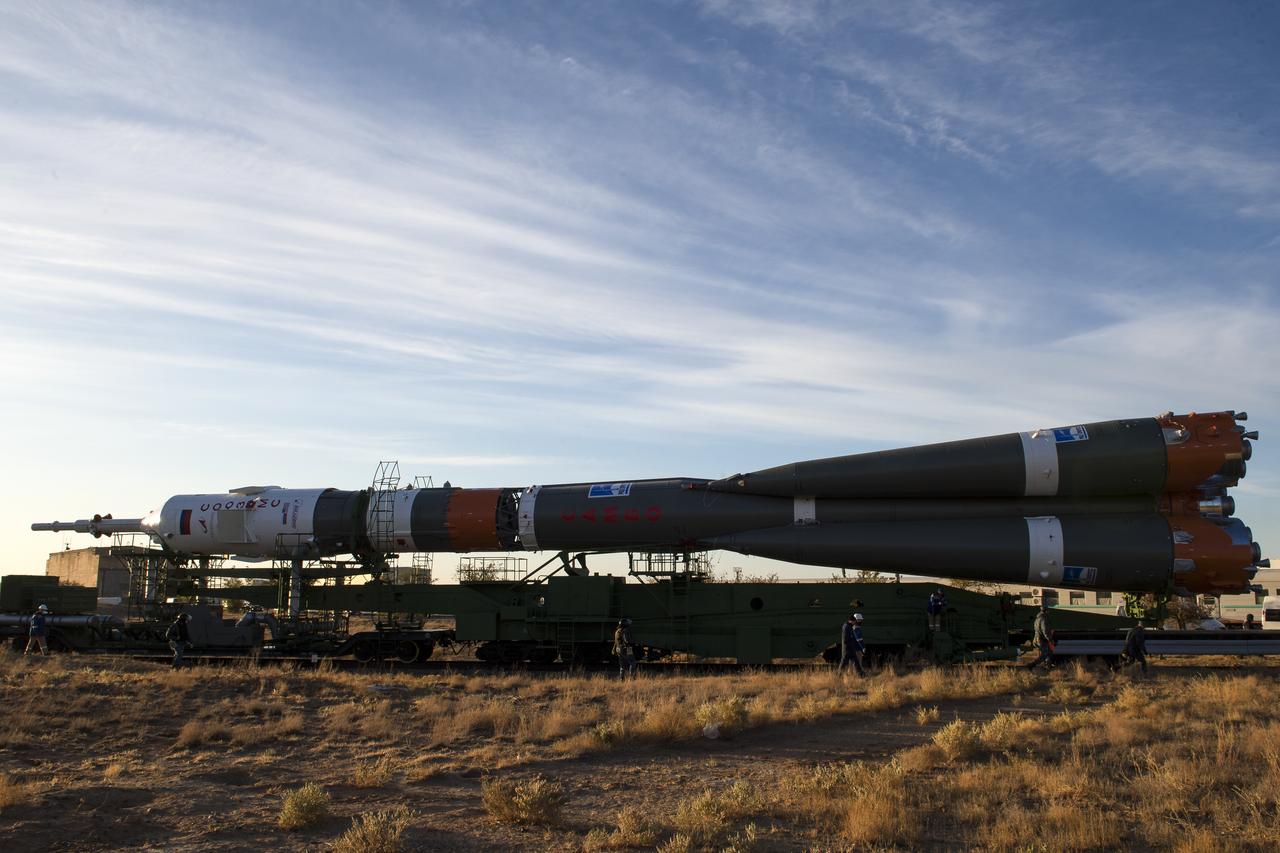 The Soyuz rocket is rolled out by train to the launch pad at Site 31, Sunday, Oct. 11, 2020, at the Baikonur Cosmodrome in Kazakhstan. Expedition 64 Russian cosmonauts Sergey Ryzhikov and Sergey Kud-Sverchkov of Roscosmos, and NASA astronaut Kate Rubins are scheduled to launch aboard their Soyuz MS-17 spacecraft on Oct. 14 to start a six-month mission onboard the International Space Station.  Photo Credit: (NASA/GCTC/Andrey Shelepin)
