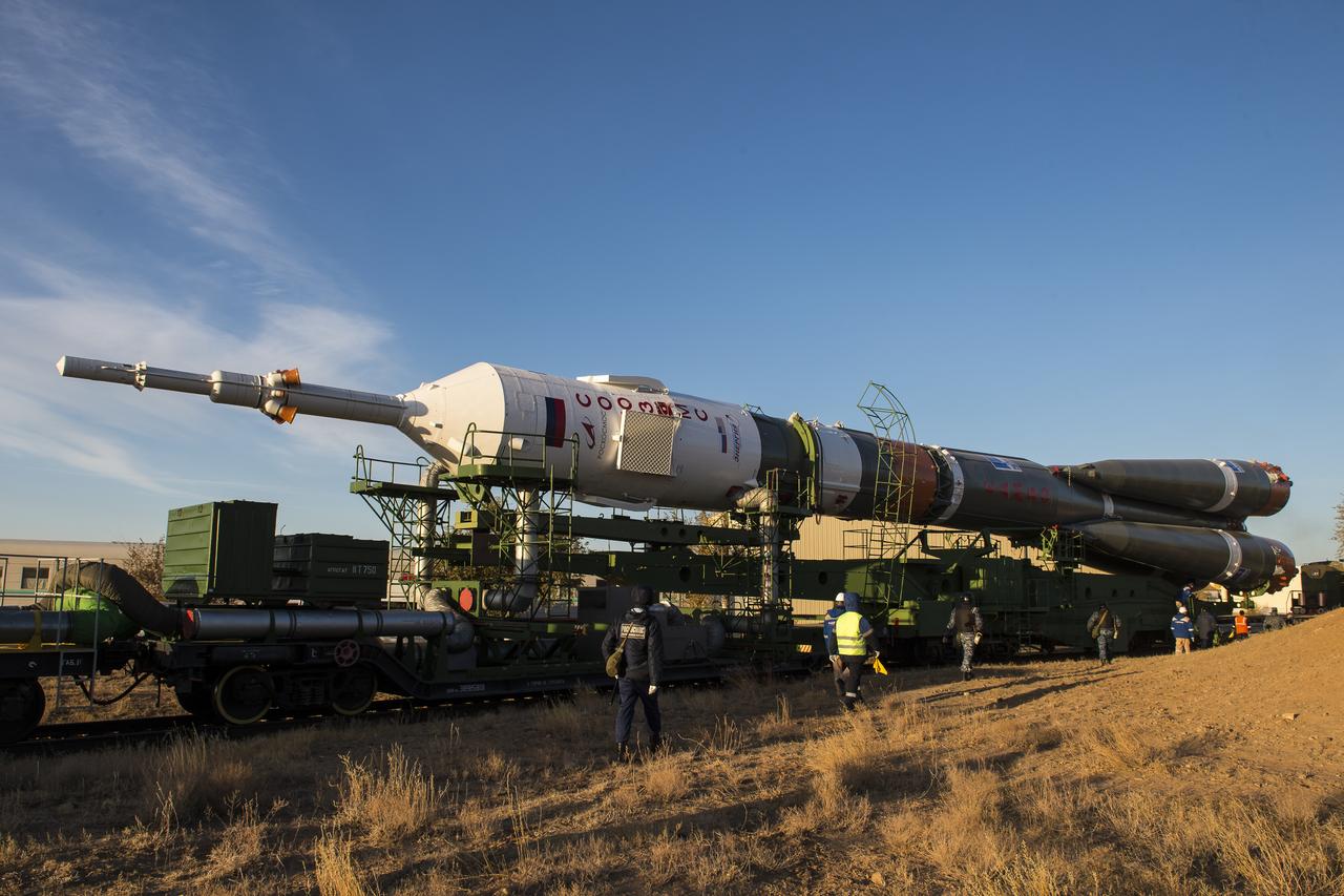 The Soyuz rocket is rolled out by train to the launch pad at Site 31, Sunday, Oct. 11, 2020, at the Baikonur Cosmodrome in Kazakhstan. Expedition 64 Russian cosmonauts Sergey Ryzhikov and Sergey Kud-Sverchkov of Roscosmos, and NASA astronaut Kate Rubins are scheduled to launch aboard their Soyuz MS-17 spacecraft on Oct. 14 to start a six-month mission onboard the International Space Station.  Photo Credit: (NASA/GCTC/Andrey Shelepin)