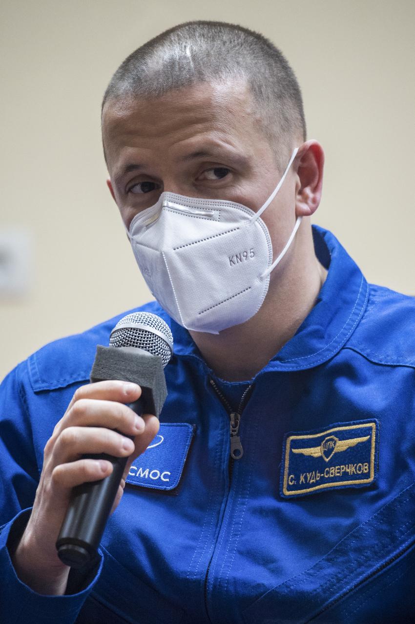 Expedition 64 Russian cosmonaut Sergey Kud-Sverchkov of Roscosmos is seen in quarantine, behind glass, during a press conference, Tuesday, Oct. 13, 2020, at the Cosmonaut Hotel in Baikonur, Kazakhstan. Kud-Sverchkov, fellow cosmonaut Sergey Ryzhikov and NASA astronaut Kate Rubins are scheduled to launch to the International Space Station aboard the Soyuz MS-17 spacecraft on October 14.  Photo Credit: (NASA/GCTC/Andrey Shelepin)