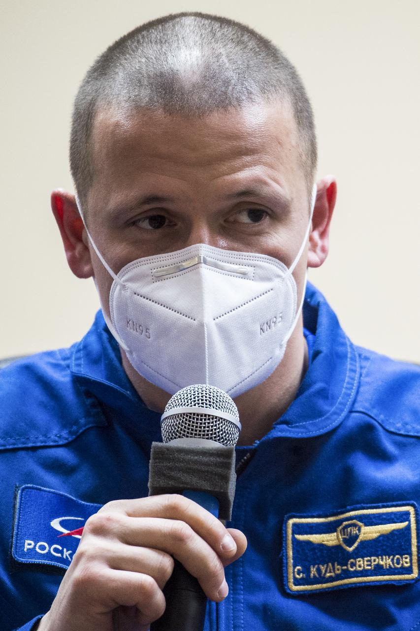 Expedition 64 Russian cosmonaut Sergey Kud-Sverchkov of Roscosmos is seen in quarantine, behind glass, during a press conference, Tuesday, Oct. 13, 2020, at the Cosmonaut Hotel in Baikonur, Kazakhstan. Kud-Sverchkov, fellow cosmonaut Sergey Ryzhikov and NASA astronaut Kate Rubins are scheduled to launch to the International Space Station aboard the Soyuz MS-17 spacecraft on October 14.  Photo Credit: (NASA/GCTC/Andrey Shelepin)