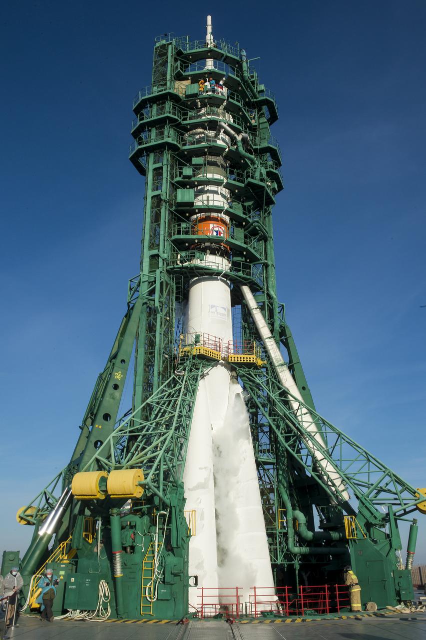 The Soyuz MS-17 rocket is seen on the launch pad with Expedition 64 Russian cosmonauts Sergey Ryzhikov and Sergey Kud-Sverchkov of Roscosmos, and NASA astronaut Kate Rubins boarded their spacecraft for launch, Wednesday, Oct. 14, 2020, at the Baikonur Cosmodrome in Kazakhstan. The trio launched at 1:45 a.m. EDT to begin a six-month mission onboard the International Space Station.  Photo Credit: (NASA/GCTC/Andrey Shelepin)