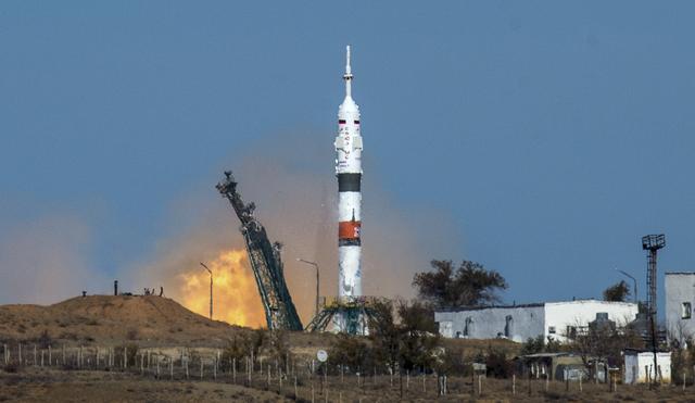 The Soyuz MS-17 rocket is launched with Expedition 64 Russian cosmonauts Sergey Ryzhikov and Sergey Kud-Sverchkov of Roscosmos and NASA astronaut Kate Rubins, Wednesday, Oct. 14, 2020, at the Baikonur Cosmodrome in Kazakhstan. Ryzhikov, Kud-Sverchkov, and Rubins launched at 1:45 a.m. EDT to begin a six-month mission onboard the International Space Station. Photo Credit: (NASA/GCTC/Andrey Shelepin)
