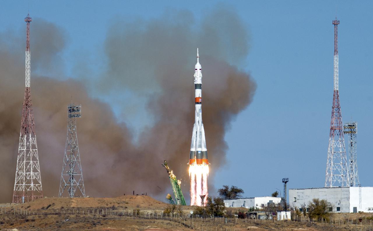The Soyuz MS-17 rocket is launched with Expedition 64 Russian cosmonauts Sergey Ryzhikov and Sergey Kud-Sverchkov of Roscosmos and NASA astronaut Kate Rubins, Wednesday, Oct. 14, 2020, at the Baikonur Cosmodrome in Kazakhstan. Ryzhikov, Kud-Sverchkov, and Rubins launched at 1:45 a.m. EDT to begin a six-month mission onboard the International Space Station.  Photo Credit: (NASA/GCTC/Andrey Shelepin)