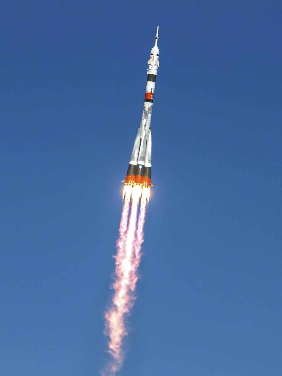 The Soyuz MS-17 rocket is launched with Expedition 64 Russian cosmonauts Sergey Ryzhikov and Sergey Kud-Sverchkov of Roscosmos and NASA astronaut Kate Rubins, Wednesday, Oct. 14, 2020, at the Baikonur Cosmodrome in Kazakhstan. Ryzhikov, Kud-Sverchkov, and Rubins launched at 1:45 a.m. EDT to begin a six-month mission onboard the International Space Station.  Photo Credit: (NASA/GCTC/Andrey Shelepin)