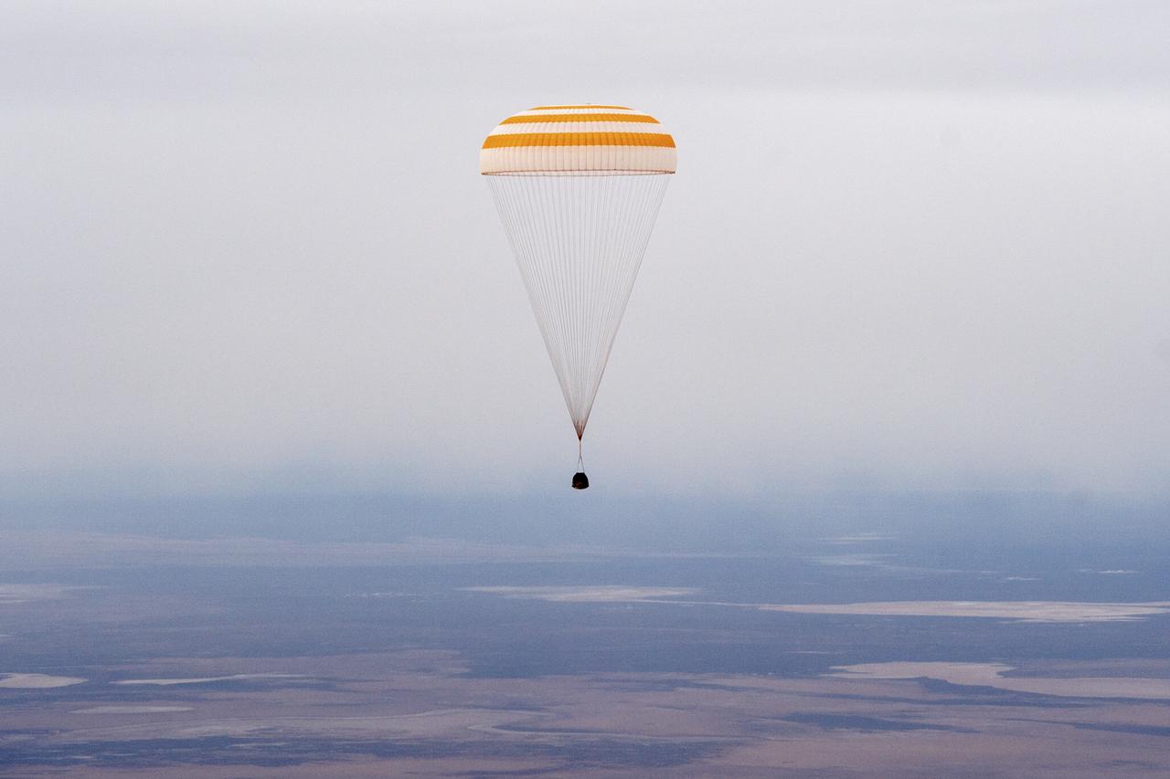 The Soyuz MS-16 spacecraft is seen as it lands in a remote area near the town of Zhezkazgan, Kazakhstan with Expedition 63 crew members Chris Cassidy of NASA, and Anatoly Ivanishin and Ivan Vagner of Roscosmos, Thursday, October 22, 2020, Kazakh time (Oct. 21 Eastern time). Cassidy, Ivanishin and Vagner returned after 196 days in space having served as Expedition 62-63 crew members onboard the International Space Station. Photo Credit: (NASA/GCTC/Denis Derevtsov)