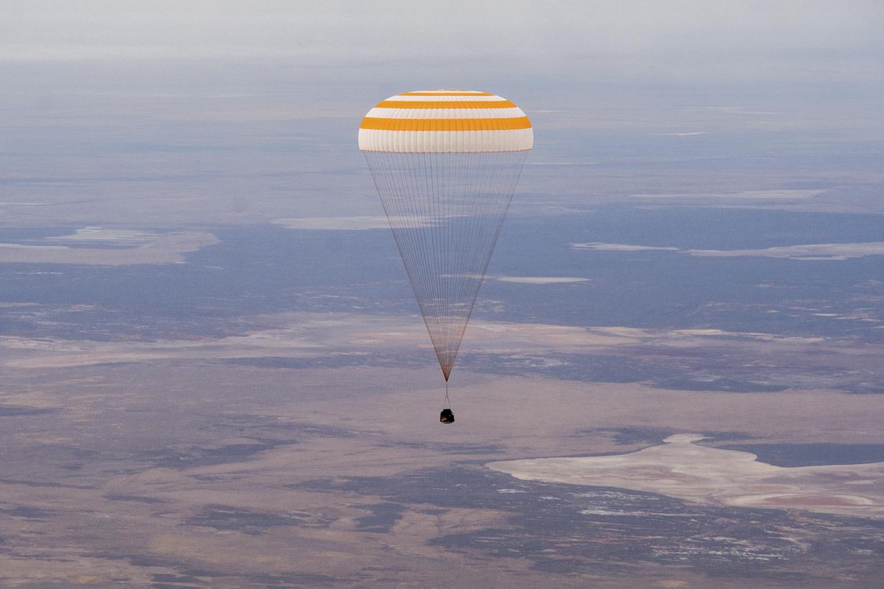 The Soyuz MS-16 spacecraft is seen as it lands in a remote area near the town of Zhezkazgan, Kazakhstan with Expedition 63 crew members Chris Cassidy of NASA, and Anatoly Ivanishin and Ivan Vagner of Roscosmos, Thursday, October 22, 2020, Kazakh time (Oct. 21 Eastern time). Cassidy, Ivanishin and Vagner returned after 196 days in space having served as Expedition 62-63 crew members onboard the International Space Station. Photo Credit: (NASA/GCTC/Denis Derevtsov)