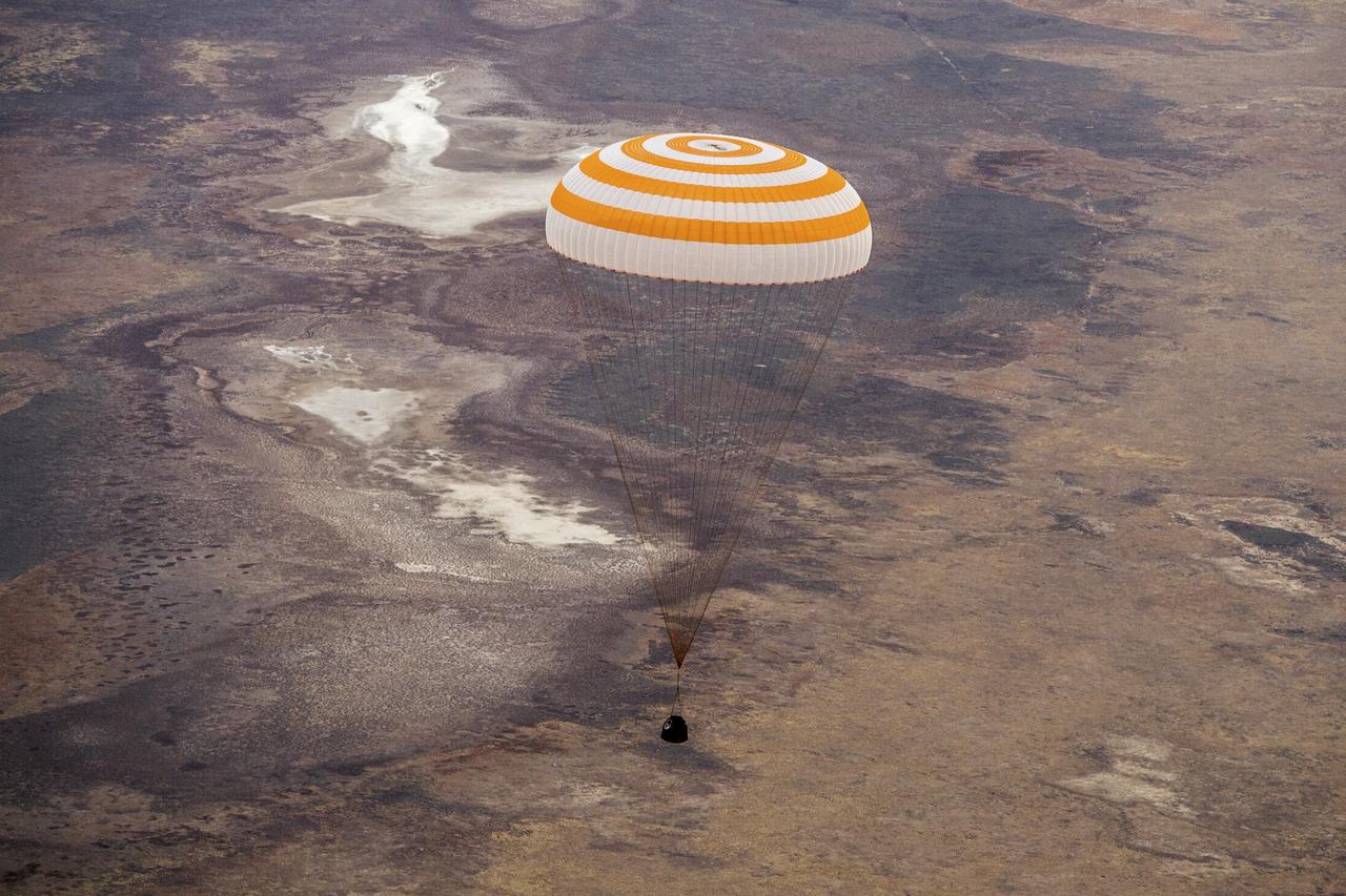 The Soyuz MS-16 spacecraft is seen as it lands in a remote area near the town of Zhezkazgan, Kazakhstan with Expedition 63 crew members Chris Cassidy of NASA, and Anatoly Ivanishin and Ivan Vagner of Roscosmos, Thursday, October 22, 2020, Kazakh time (Oct. 21 Eastern time). Cassidy, Ivanishin and Vagner returned after 196 days in space having served as Expedition 62-63 crew members onboard the International Space Station. Photo Credit: (NASA/GCTC/Denis Derevtsov)
