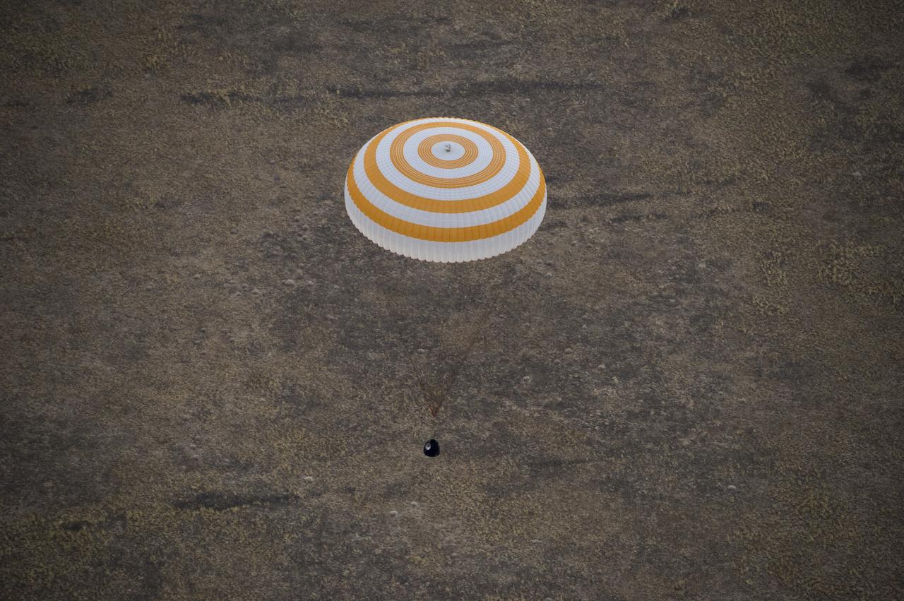 The Soyuz MS-16 spacecraft is seen as it lands in a remote area near the town of Zhezkazgan, Kazakhstan with Expedition 63 crew members Chris Cassidy of NASA, and Anatoly Ivanishin and Ivan Vagner of Roscosmos, Thursday, October 22, 2020, Kazakh time (Oct. 21 Eastern time). Cassidy, Ivanishin and Vagner returned after 196 days in space having served as Expedition 62-63 crew members onboard the International Space Station. Photo Credit: (NASA/GCTC/Denis Derevtsov)