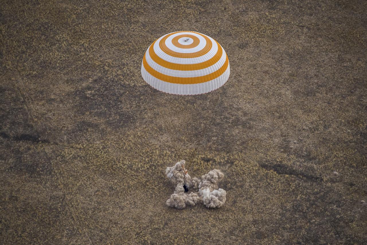 The Soyuz MS-16 spacecraft is seen as it lands in a remote area near the town of Zhezkazgan, Kazakhstan with Expedition 63 crew members Chris Cassidy of NASA, and Anatoly Ivanishin and Ivan Vagner of Roscosmos, Thursday, October 22, 2020, Kazakh time (Oct. 21 Eastern time). Cassidy, Ivanishin and Vagner returned after 196 days in space having served as Expedition 62-63 crew members onboard the International Space Station. Photo Credit: (NASA/GCTC/Denis Derevtsov)