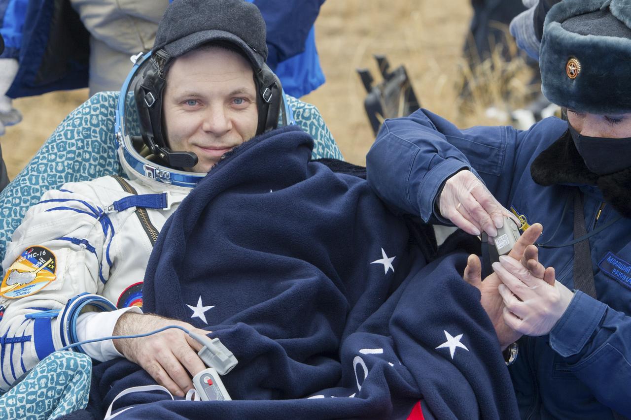Expedition 63 Roscosmos cosmonaut Ivan Vagner is seen outside the Soyuz MS-16 spacecraft after he landed with Roscosmos cosmonaut Anatoly Ivanishin and NASA astronaut Chris Cassidy in a remote area near the town of Zhezkazgan, Kazakhstan on Thursday, October 22, 2020, Kazakh time (Oct. 21 Eastern time). Cassidy, Ivanishin and Vagner returned after 196 days in space having served as Expedition 62-63 crew members onboard the International Space Station. Photo Credit: (NASA/GCTC/Denis Derevtsov)