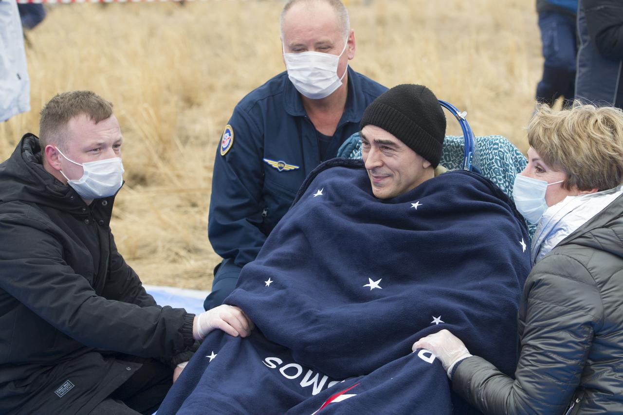 Expedition 63 Roscosmos cosmonaut Anatoly Ivanishin is seen outside the Soyuz MS-16 spacecraft after he landed with Roscosmos cosmonaut Ivan Vagner and NASA astronaut Chris Cassidy in a remote area near the town of Zhezkazgan, Kazakhstan on Thursday, October 22, 2020, Kazakh time (Oct. 21 Eastern time). Cassidy, Ivanishin and Vagner returned after 196 days in space having served as Expedition 62-63 crew members onboard the International Space Station. Photo Credit: (NASA/GCTC/Denis Derevtsov)