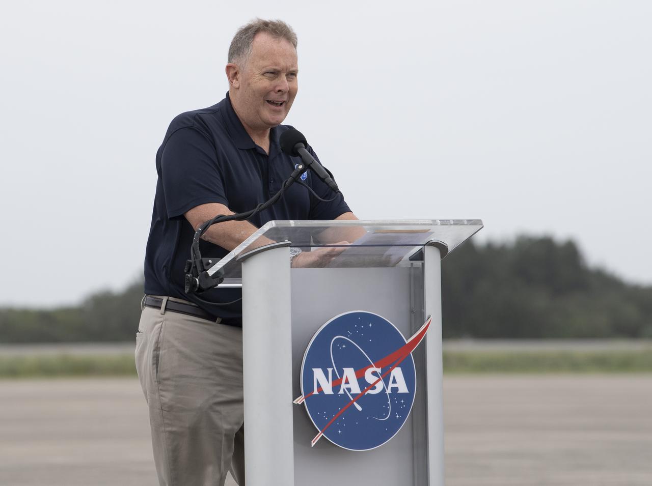 NASA Deputy Administrator Jim Morhard speaks to members of the media at the arrival of NASA astronauts Mike Hopkins, Victor Glover, and Shannon Walker, and astronaut Soichi Noguchi of the Japan Aerospace Exploration Agency (JAXA) at the Launch and Landing Facility at NASA’s Kennedy Space Center ahead of SpaceX’s Crew-1 mission, Sunday, Nov. 8, 2020, in Florida. NASA’s SpaceX Crew-1 mission is the first operational mission of the SpaceX Crew Dragon spacecraft and Falcon 9 rocket to the International Space Station as part of the agency’s Commercial Crew Program. Hopkins, Glover, Walker, Noguchi are scheduled to launch at 7:49 p.m. EST on Saturday, Nov. 14, from Launch Complex 39A at the Kennedy Space Center. Photo Credit: (NASA/Joel Kowsky)