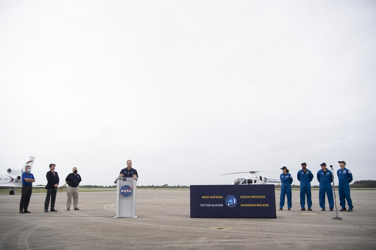 NASA Administrator Jim Bridenstine is seen along with Kennedy Space Center Director Bob Cabana, Junichi Sakai, manager of the International Space Station Program for the Japan Aerospace Exploration Agency (JAXA), and NASA Deputy Administrator Jim Morhard after the arrival of NASA astronauts Mike Hopkins, Victor Glover, and Shannon Walker, and astronaut Soichi Noguchi of the Japan Aerospace Exploration Agency (JAXA) at the Launch and Landing Facility at NASA’s Kennedy Space Center ahead of SpaceX’s Crew-1 mission, Sunday, Nov. 8, 2020, in Florida. NASA’s SpaceX Crew-1 mission is the first operational mission of the SpaceX Crew Dragon spacecraft and Falcon 9 rocket to the International Space Station as part of the agency’s Commercial Crew Program. Hopkins, Glover, Walker, Noguchi are scheduled to launch at 7:49 p.m. EST on Saturday, Nov. 14, from Launch Complex 39A at the Kennedy Space Center. Photo Credit: (NASA/Joel Kowsky)