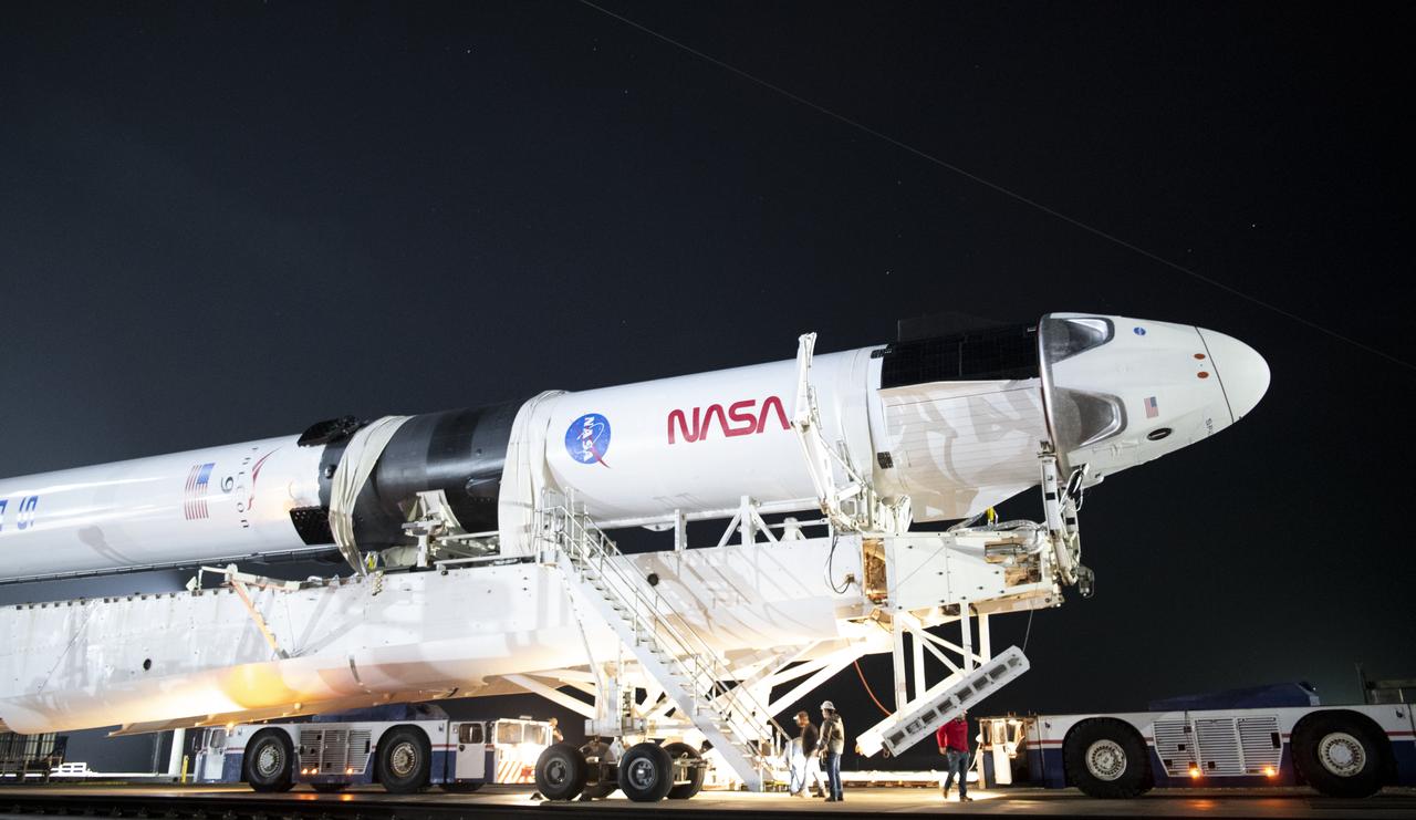 A SpaceX Falcon 9 rocket with the company's Crew Dragon spacecraft onboard is seen on the launch pad at Launch Complex 39A before being raised into a vertical position, Monday, Nov. 9, 2020, at NASA’s Kennedy Space Center in Florida. NASA’s SpaceX Crew-1 mission is the first operational mission of the SpaceX Crew Dragon spacecraft and Falcon 9 rocket to the International Space Station as part of the agency’s Commercial Crew Program. NASA astronauts Mike Hopkins, Victor Glover, and Shannon Walker, and astronaut Soichi Noguchi of the Japan Aerospace Exploration Agency (JAXA) are scheduled to launch at 7:49 p.m. EST on Saturday, Nov. 14, from Launch Complex 39A at the Kennedy Space Center. Photo Credit: (NASA/Joel Kowsky)