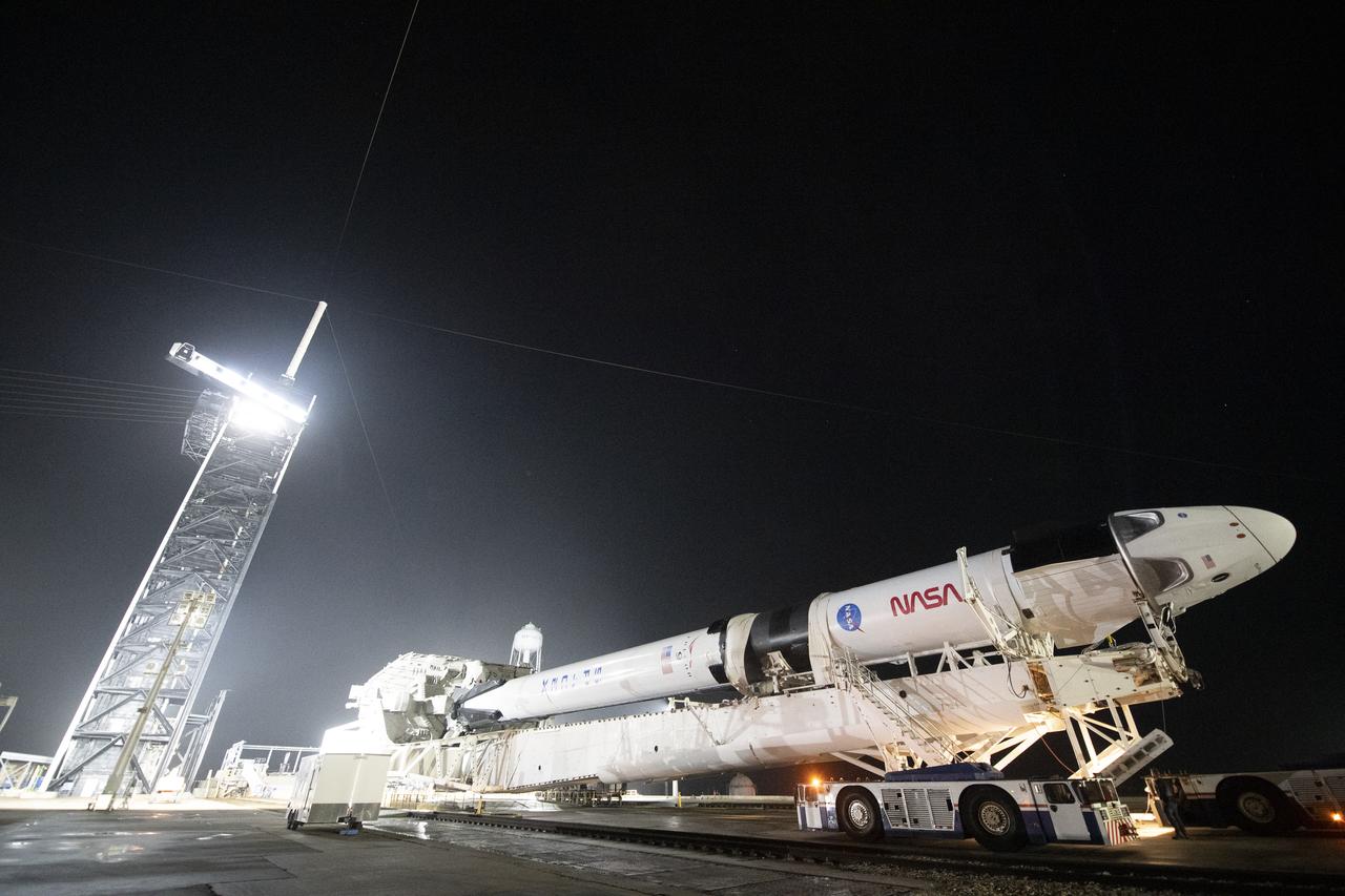 A SpaceX Falcon 9 rocket with the company's Crew Dragon spacecraft onboard is seen on the launch pad at Launch Complex 39A before being raised into a vertical position, Monday, Nov. 9, 2020, at NASA’s Kennedy Space Center in Florida. NASA’s SpaceX Crew-1 mission is the first operational mission of the SpaceX Crew Dragon spacecraft and Falcon 9 rocket to the International Space Station as part of the agency’s Commercial Crew Program. NASA astronauts Mike Hopkins, Victor Glover, and Shannon Walker, and astronaut Soichi Noguchi of the Japan Aerospace Exploration Agency (JAXA) are scheduled to launch at 7:49 p.m. EST on Saturday, Nov. 14, from Launch Complex 39A at the Kennedy Space Center. Photo Credit: (NASA/Joel Kowsky)
