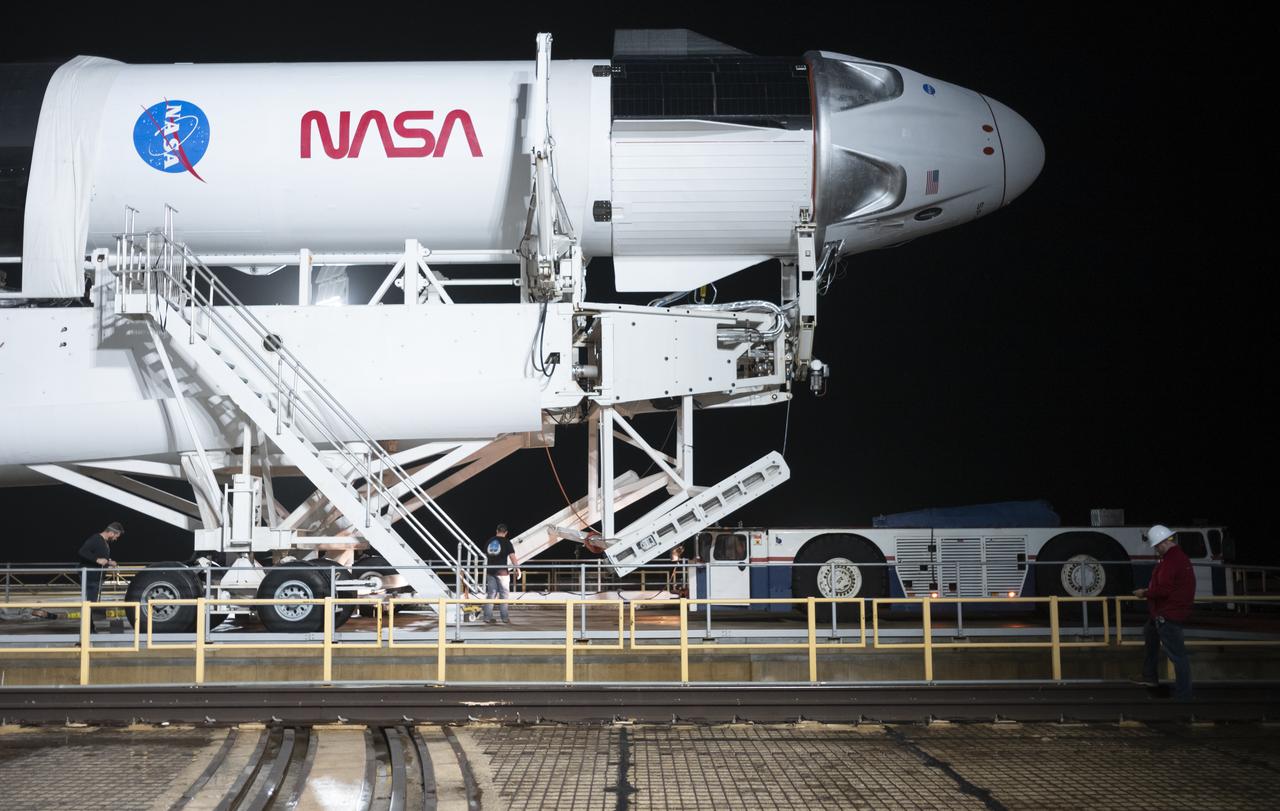 A SpaceX Falcon 9 rocket with the company's Crew Dragon spacecraft onboard is seen on the launch pad at Launch Complex 39A before being raised into a vertical position, Monday, Nov. 9, 2020, at NASA’s Kennedy Space Center in Florida. NASA’s SpaceX Crew-1 mission is the first operational mission of the SpaceX Crew Dragon spacecraft and Falcon 9 rocket to the International Space Station as part of the agency’s Commercial Crew Program. NASA astronauts Mike Hopkins, Victor Glover, and Shannon Walker, and astronaut Soichi Noguchi of the Japan Aerospace Exploration Agency (JAXA) are scheduled to launch at 7:49 p.m. EST on Saturday, Nov. 14, from Launch Complex 39A at the Kennedy Space Center. Photo Credit: (NASA/Joel Kowsky)