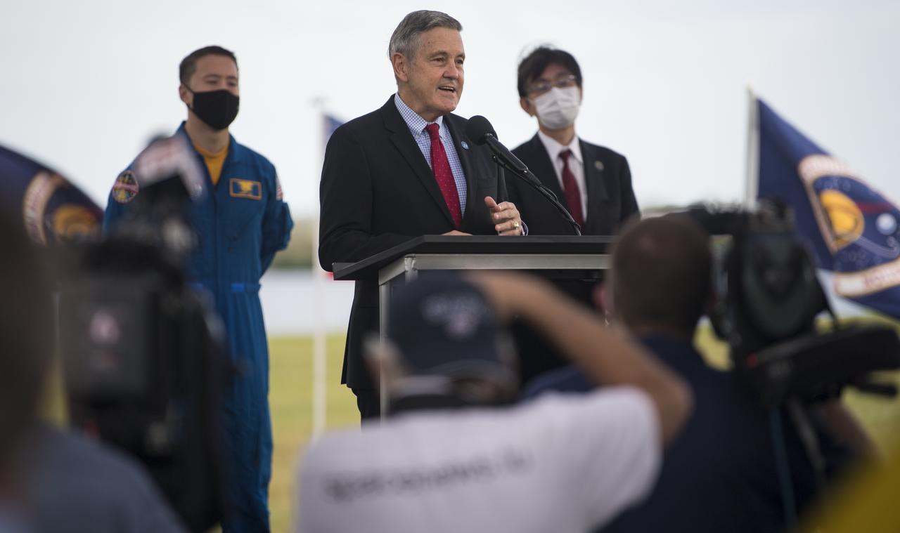 Kennedy Space Center Director Bob Cabana speaks to members of the media during a press conference ahead of the Crew-1 launch, Friday, Nov. 13, 2020, at NASA’s Kennedy Space Center in Florida. NASA’s SpaceX Crew-1 mission is the first crew rotation mission of the SpaceX Crew Dragon spacecraft and Falcon 9 rocket to the International Space Station as part of the agency’s Commercial Crew Program. NASA astronauts Mike Hopkins, Victor Glover, and Shannon Walker, and astronaut Soichi Noguchi of the Japan Aerospace Exploration Agency (JAXA) are scheduled to launch at 7:49 p.m. EST on Saturday, Nov. 14, from Launch Complex 39A at the Kennedy Space Center.  Photo Credit: (NASA/Joel Kowsky)