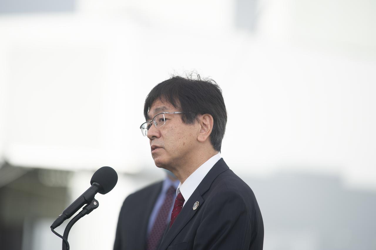 Hiroshi Sasaki, vice president and director general of the Japan Aerospace Exploration Agency’s Human Spaceflight Technology Directorate, speaks to members of the media during a press conference ahead of the Crew-1 launch, Friday, Nov. 13, 2020, at NASA’s Kennedy Space Center in Florida. NASA’s SpaceX Crew-1 mission is the first crew rotation mission of the SpaceX Crew Dragon spacecraft and Falcon 9 rocket to the International Space Station as part of the agency’s Commercial Crew Program. NASA astronauts Mike Hopkins, Victor Glover, and Shannon Walker, and astronaut Soichi Noguchi of the Japan Aerospace Exploration Agency (JAXA) are scheduled to launch at 7:49 p.m. EST on Saturday, Nov. 14, from Launch Complex 39A at the Kennedy Space Center.  Photo Credit: (NASA/Joel Kowsky)