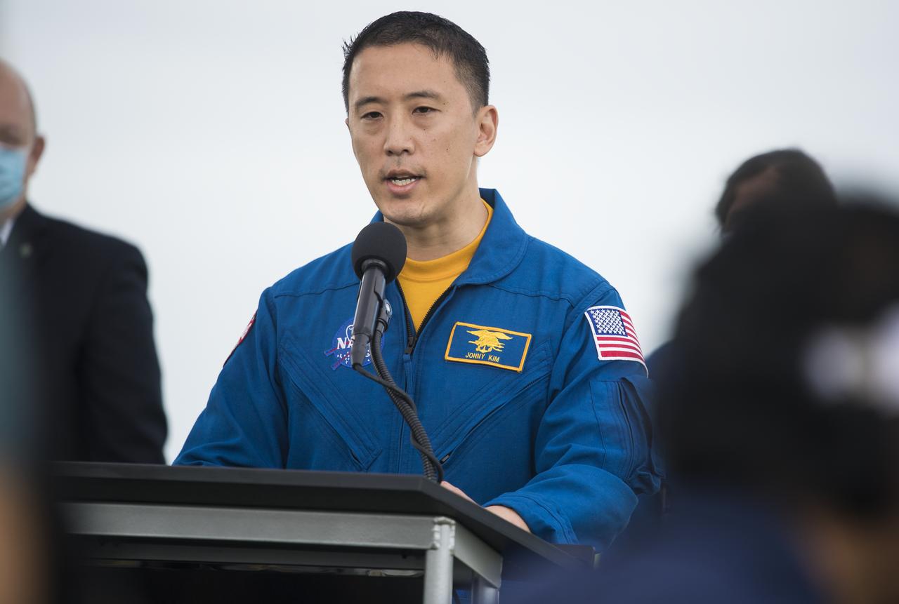 NASA astronaut Jonny Kim speaks to members of the media during a press conference ahead of the Crew-1 launch, Friday, Nov. 13, 2020, at NASA’s Kennedy Space Center in Florida. NASA’s SpaceX Crew-1 mission is the first crew rotation mission of the SpaceX Crew Dragon spacecraft and Falcon 9 rocket to the International Space Station as part of the agency’s Commercial Crew Program. NASA astronauts Mike Hopkins, Victor Glover, and Shannon Walker, and astronaut Soichi Noguchi of the Japan Aerospace Exploration Agency (JAXA) are scheduled to launch at 7:49 p.m. EST on Saturday, Nov. 14, from Launch Complex 39A at the Kennedy Space Center.  Photo Credit: (NASA/Joel Kowsky)