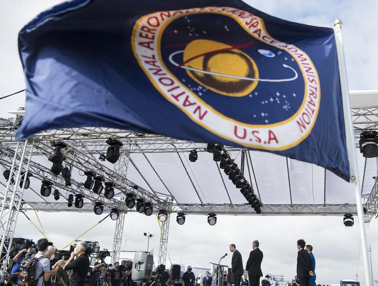 NASA Administrator Jim Bridenstine answers a question from the media during a press conference ahead of the Crew-1 launch, Friday, Nov. 13, 2020, at NASA’s Kennedy Space Center in Florida. NASA’s SpaceX Crew-1 mission is the first crew rotation mission of the SpaceX Crew Dragon spacecraft and Falcon 9 rocket to the International Space Station as part of the agency’s Commercial Crew Program. NASA astronauts Mike Hopkins, Victor Glover, and Shannon Walker, and astronaut Soichi Noguchi of the Japan Aerospace Exploration Agency (JAXA) are scheduled to launch at 7:49 p.m. EST on Saturday, Nov. 14, from Launch Complex 39A at the Kennedy Space Center.  Photo Credit: (NASA/Joel Kowsky)