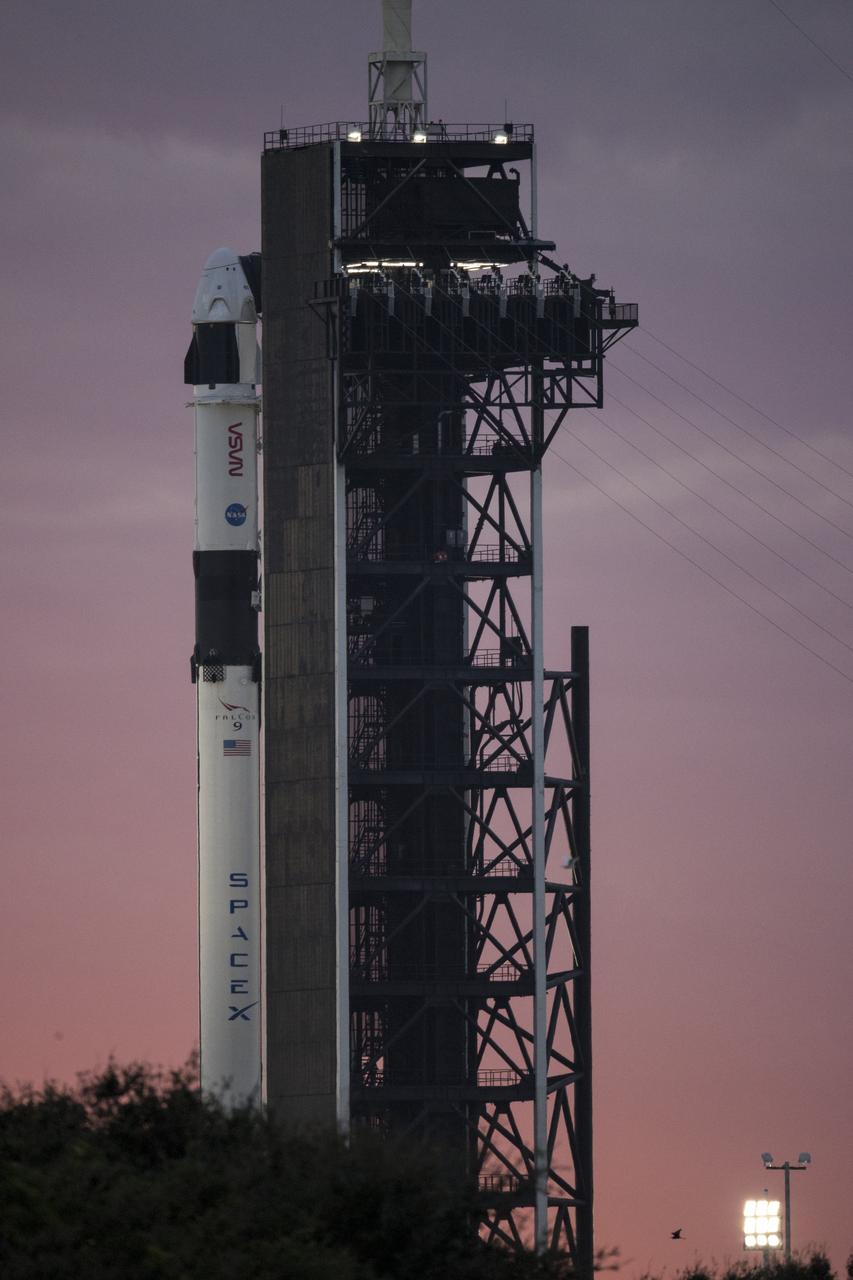 A SpaceX Falcon 9 rocket with the company's Crew Dragon spacecraft onboard is seen at sunrise on the launch pad at Launch Complex 39A as preparations continue for the Crew-1 mission, Sunday, Nov. 15, 2020, at NASA’s Kennedy Space Center in Florida. NASA’s SpaceX Crew-1 mission is the first crew rotation mission of the SpaceX Crew Dragon spacecraft and Falcon 9 rocket to the International Space Station as part of the agency’s Commercial Crew Program. NASA astronauts Mike Hopkins, Victor Glover, and Shannon Walker, and astronaut Soichi Noguchi of the Japan Aerospace Exploration Agency (JAXA) are scheduled to launch at 7:27 p.m. EST on Sunday, Nov. 15, from Launch Complex 39A at the Kennedy Space Center. Photo Credit: (NASA/Joel Kowsky)