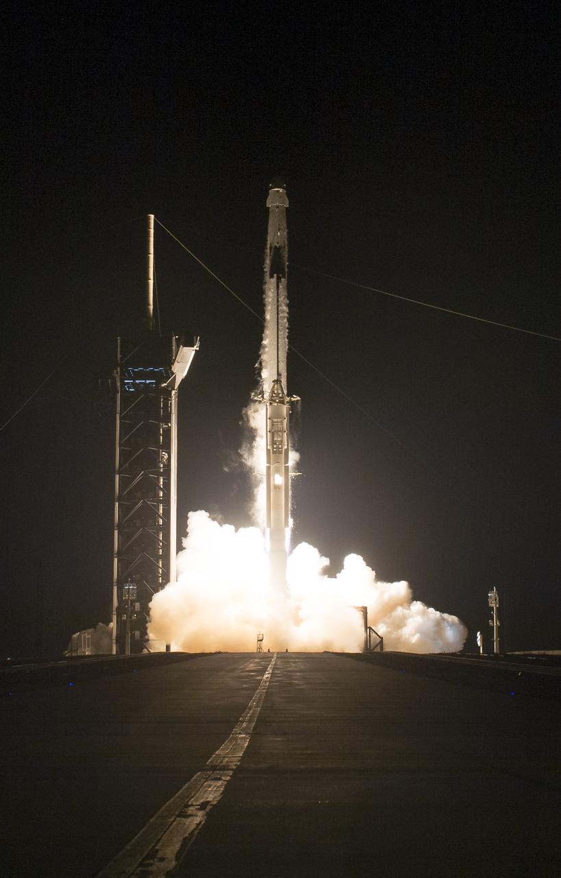 A SpaceX Falcon 9 rocket carrying the company's Crew Dragon spacecraft is launched on NASA’s SpaceX Crew-1 mission to the International Space Station with NASA astronauts Mike Hopkins, Victor Glover, Shannon Walker, and Japan Aerospace Exploration Agency astronaut Soichi Noguchi onboard, Sunday, Nov. 15, 2020, at NASA’s Kennedy Space Center in Florida. NASA’s SpaceX Crew-1 mission is the first crew rotation mission of the SpaceX Crew Dragon spacecraft and Falcon 9 rocket to the International Space Station as part of the agency’s Commercial Crew Program. Hopkins, Glover, Walker, and Noguchi launched at 7:27 p.m. EST from Launch Complex 39A at the Kennedy Space Center to begin a six month mission onboard the orbital outpost. Photo Credit: (NASA/Joel Kowsky)