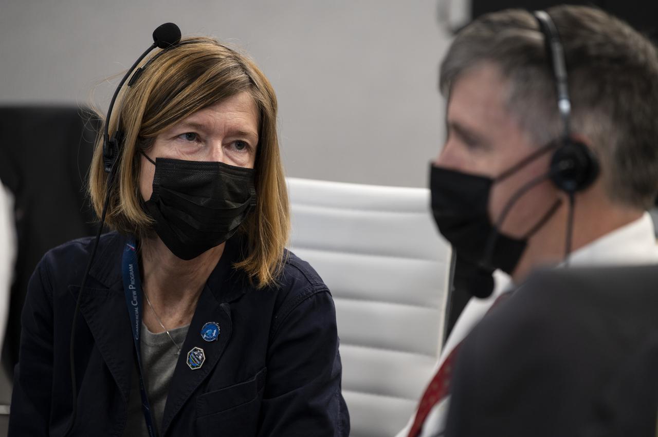 Kathy Lueders, Associate Administrator of the Human Exploration and Operations Mission Directorate speaks with Steve Stich, program manager for NASA's Commercial Crew Program as they monitor the countdown of the launch of a SpaceX Falcon 9 rocket carrying the company's Crew Dragon spacecraft on NASA’s SpaceX Crew-1 mission with NASA astronauts Mike Hopkins, Victor Glover, Shannon Walker, and Japan Aerospace Exploration Agency (JAXA) astronaut Soichi Noguchi onboard, Sunday, Nov. 15, 2020, in firing room four of the Launch Control Center at NASA’s Kennedy Space Center in Florida. NASA’s SpaceX Crew-1 mission is the first crew rotation mission of the SpaceX Crew Dragon spacecraft and Falcon 9 rocket to the International Space Station as part of the agency’s Commercial Crew Program. Hopkins, Glover, Walker, and Noguchi are scheduled to launch at 7:27 p.m. EST, from Launch Complex 39A at the Kennedy Space Center. Photo Credit: (NASA/Aubrey Gemignani)