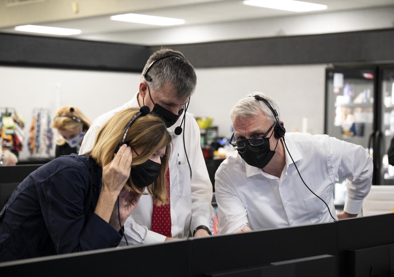 Kathy Lueders, Associate Administrator of the Human Exploration and Operations Mission Directorate, left; Steve Stich, program manager for NASA's Commercial Crew Program, center, and Benji Reed, director of crew mission management at SpaceX, monitor the launch of a SpaceX Falcon 9 rocket carrying the company's Crew Dragon spacecraft on NASA’s SpaceX Crew-1 mission with NASA astronauts Mike Hopkins, Victor Glover, Shannon Walker, and Japan Aerospace Exploration Agency (JAXA) astronaut Soichi Noguchi onboard, Sunday, Nov. 15, 2020, in firing room four of the Launch Control Center at NASA’s Kennedy Space Center in Florida. NASA’s SpaceX Crew-1 mission is the first crew rotation mission of the SpaceX Crew Dragon spacecraft and Falcon 9 rocket to the International Space Station as part of the agency’s Commercial Crew Program. Hopkins, Glover, Walker, and Noguchi launched at 7:27 p.m. EST, from Launch Complex 39A at the Kennedy Space Center. Photo Credit: (NASA/Aubrey Gemignani)