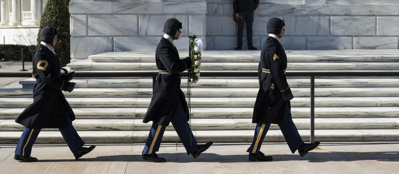 Members of The Old Guard bring in a wreath to be laid the Tomb of the Unknowns by acting NASA Administrator Steve Jurczyk as part of NASA's Day of Remembrance, Thursday, Jan. 28, 2021, at Arlington National Cemetery in Arlington, Va.  Wreaths were laid in memory of those men and women who lost their lives in the quest for space exploration.  Photo Credit: (NASA/Bill Ingalls)
