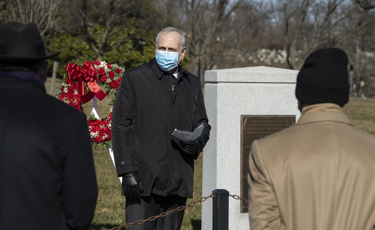 Acting NASA Administrator Steve Jurczyk speaks to NASA personnel and others during a wreath laying ceremony as part of NASA's Day of Remembrance, Thursday, Jan. 28, 2021, at Arlington National Cemetery in Arlington, Va.  The wreaths were laid in memory of those men and women who lost their lives in the quest for space exploration.  Photo Credit: (NASA/Bill Ingalls)