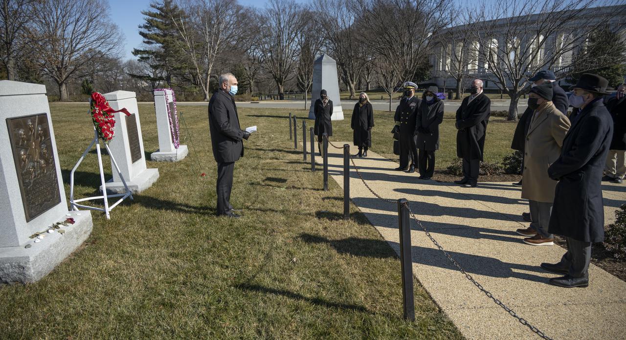 Acting NASA Administrator Steve Jurczyk speaks to NASA personnel and others during a wreath laying ceremony as part of NASA's Day of Remembrance, Thursday, Jan. 28, 2021, at Arlington National Cemetery in Arlington, Va.  The wreaths were laid in memory of those men and women who lost their lives in the quest for space exploration.  Photo Credit: (NASA/Bill Ingalls)