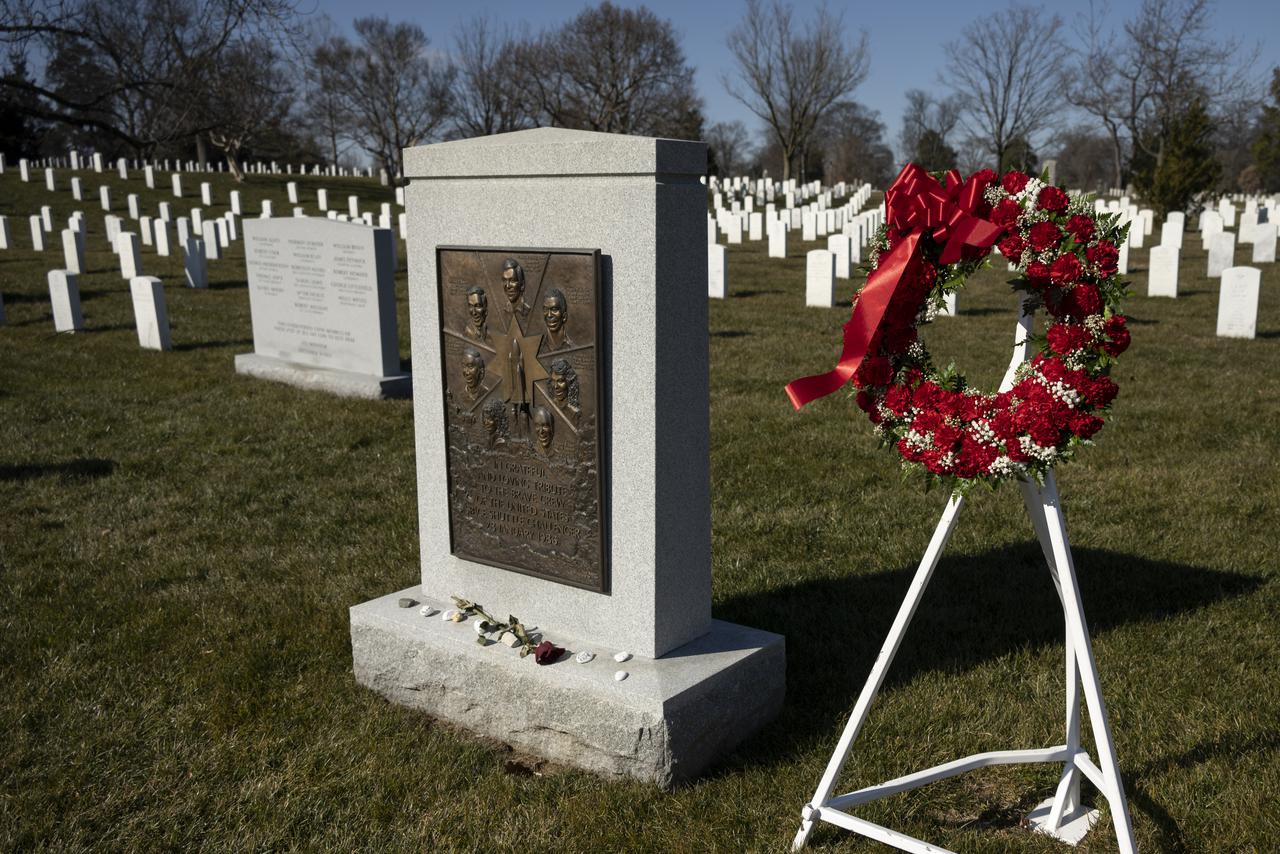 The Space Shuttle Challenger Memorial is seen after a wreath laying ceremony that was part of NASA's Day of Remembrance, Thursday, Jan. 28, 2021, at Arlington National Cemetery in Arlington, Va. Wreaths were laid in memory of those men and women who lost their lives in the quest for space exploration. Photo Credit: (NASA/Bill Ingalls)