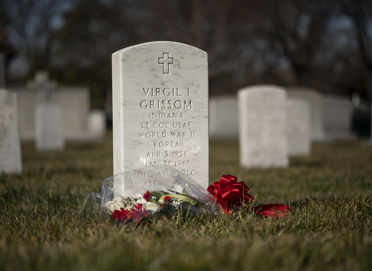 The grave marker of Virgil "Gus" Grissom, from Apollo 1, is seen after a wreath laying ceremony that was part of NASA's Day of Remembrance, Thursday, Jan. 28, 2021, at Arlington National Cemetery in Arlington, Va.  Wreaths were laid in memory of those men and women who lost their lives in the quest for space exploration.  Photo Credit: (NASA/Bill Ingalls)